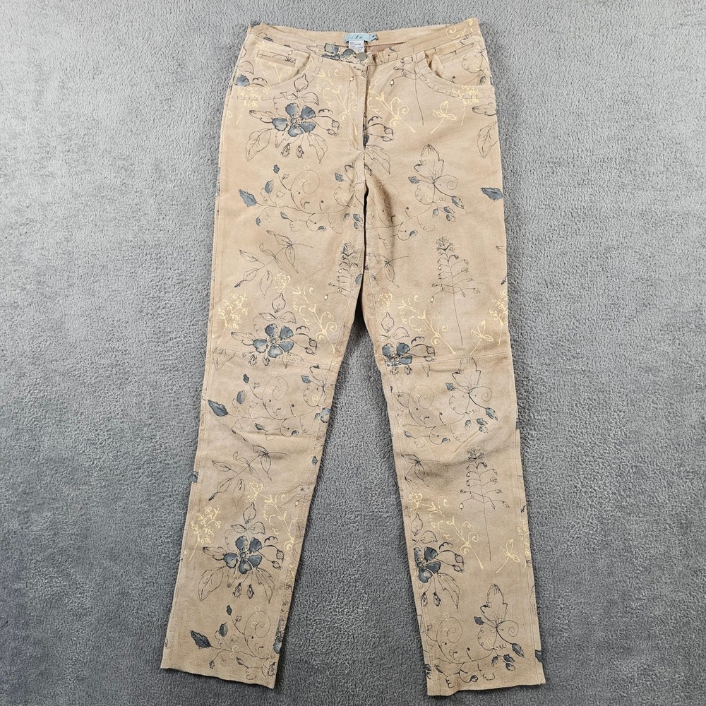 ITW Vintage Tan‎ Suede Leather Floral Print Straight Leg Pants Size 6 Whipstitch
